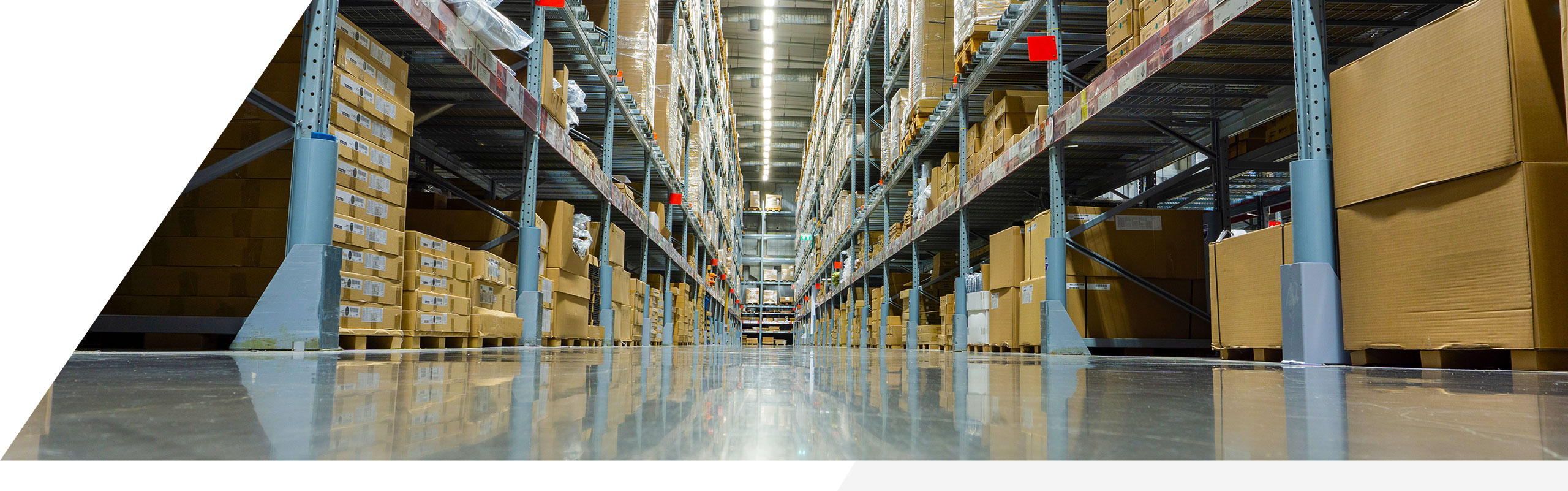 A warehouse with freight on pallets and on the shelves.