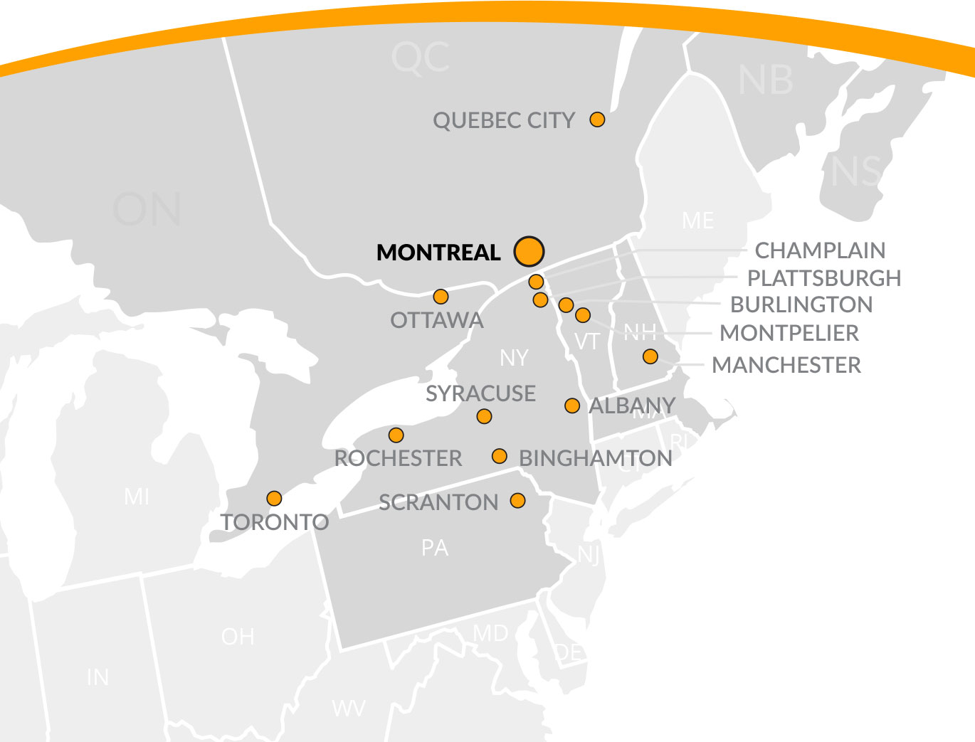 Map of Quebec, Canada and the Champlain Valley, USA