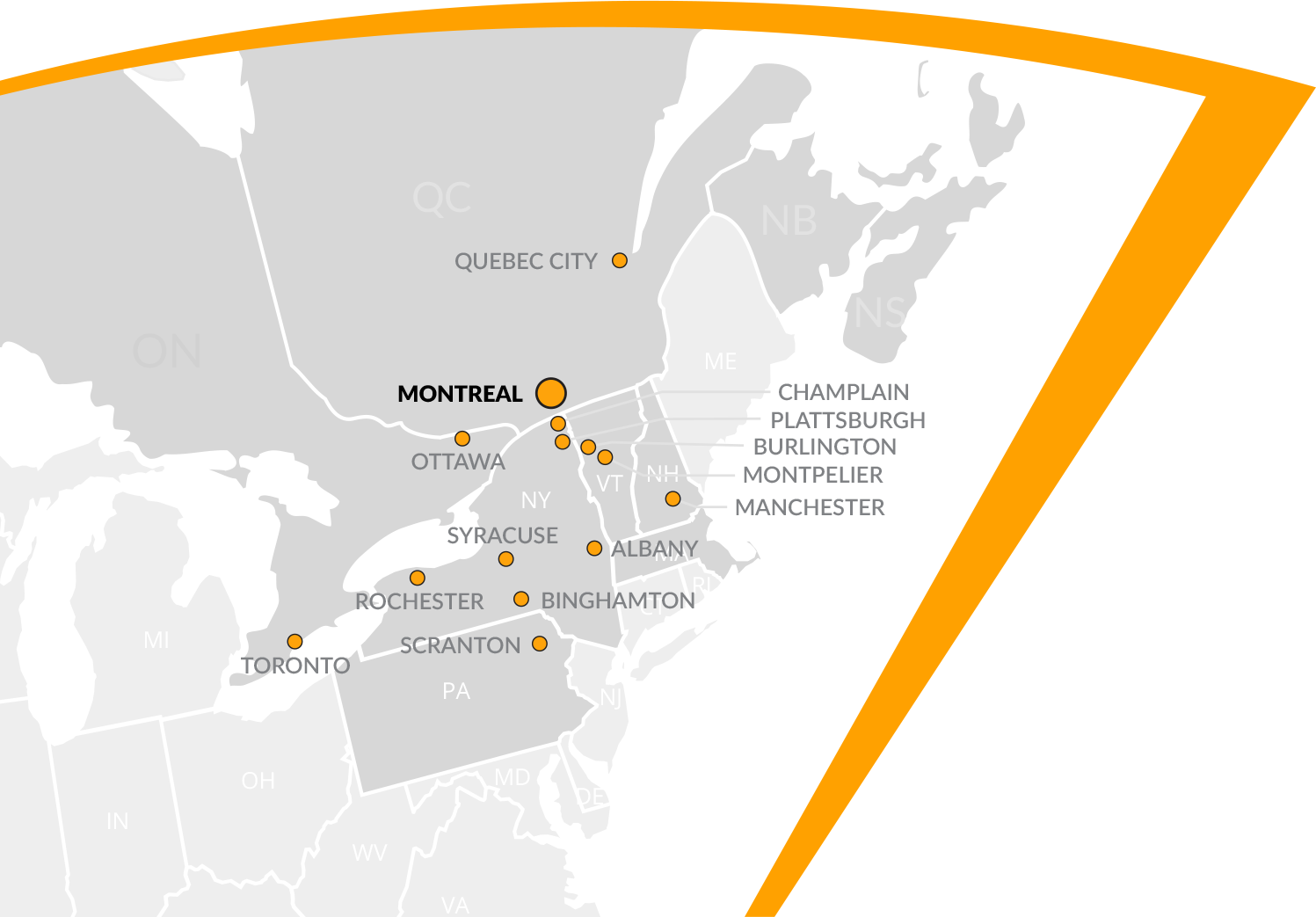 Map of Quebec, Canada and the Champlain Valley, USA